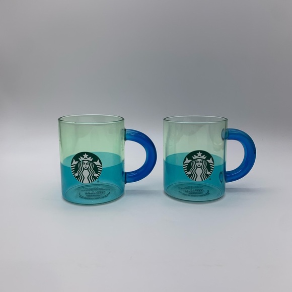 Set Of Two 2021 Starbucks Blue Handled Glass Coffee Mug Cup 12 Oz - Picture 1 of 9